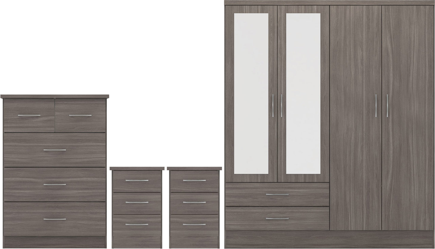 NEVADA 4 DOOR 2 DRAWER MIRRORED WARDROBE BEDROOM SET
